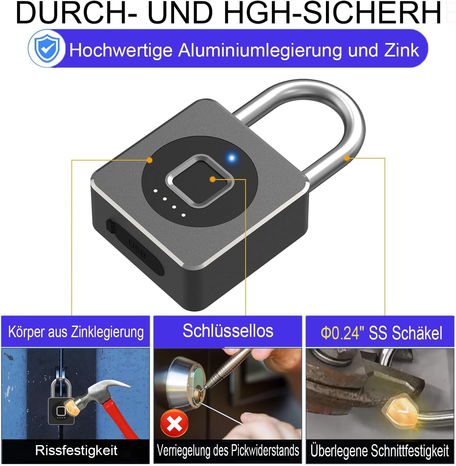 Vorhängeschloss Fingerabdruck, Spindschloss, Schloss Mit Fingerabdruck Und APP, 43MM Vorhängeschloss Wetterfest Mit 6MM Dicker Schäkel Für Gym Spinde Koffer, Keller, Schule - Schwarz