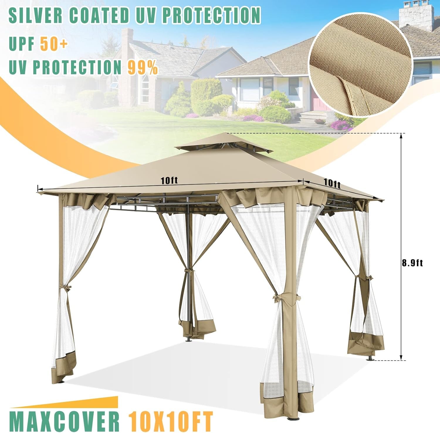 HOTEEL Pavillon 3X3 Wasserdicht Stabil, Gartenpavillon Mit Moskitonetz Und Doppeldach, Einfaches Einrichten Metall Pavillon Stabiler Als EIN Faltpavillon, Uv-Schutz 50+, Khaki