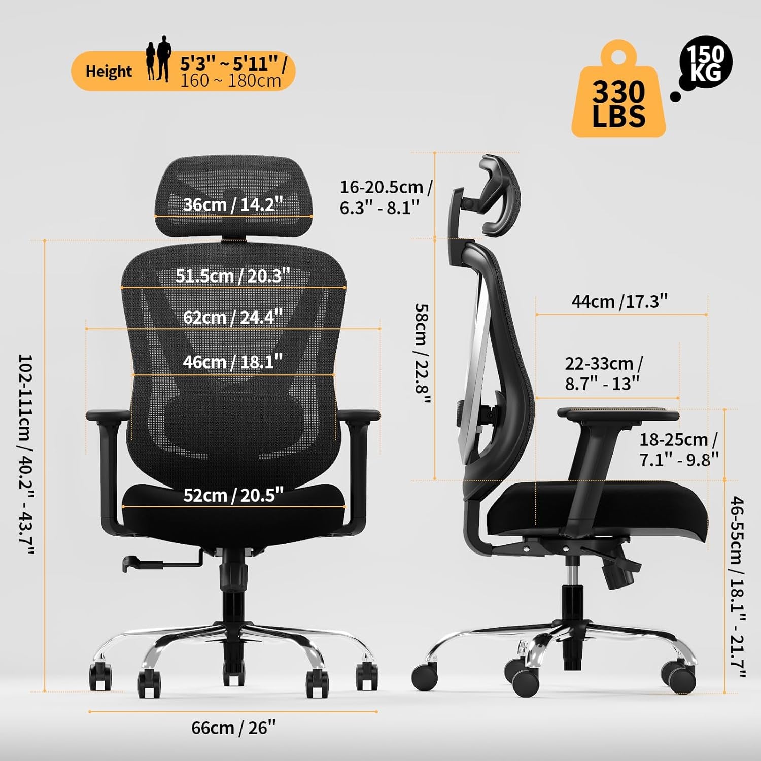 HOLLUDLE Ergonomischer Bürostuhl Mit 3D Lendenstütze & 3D Verstellbaren Armlehnen – V-Förmiges Rücken-Design, Bequemer Schreibtischstuhl Für Büro & Zuhause, Schwarz