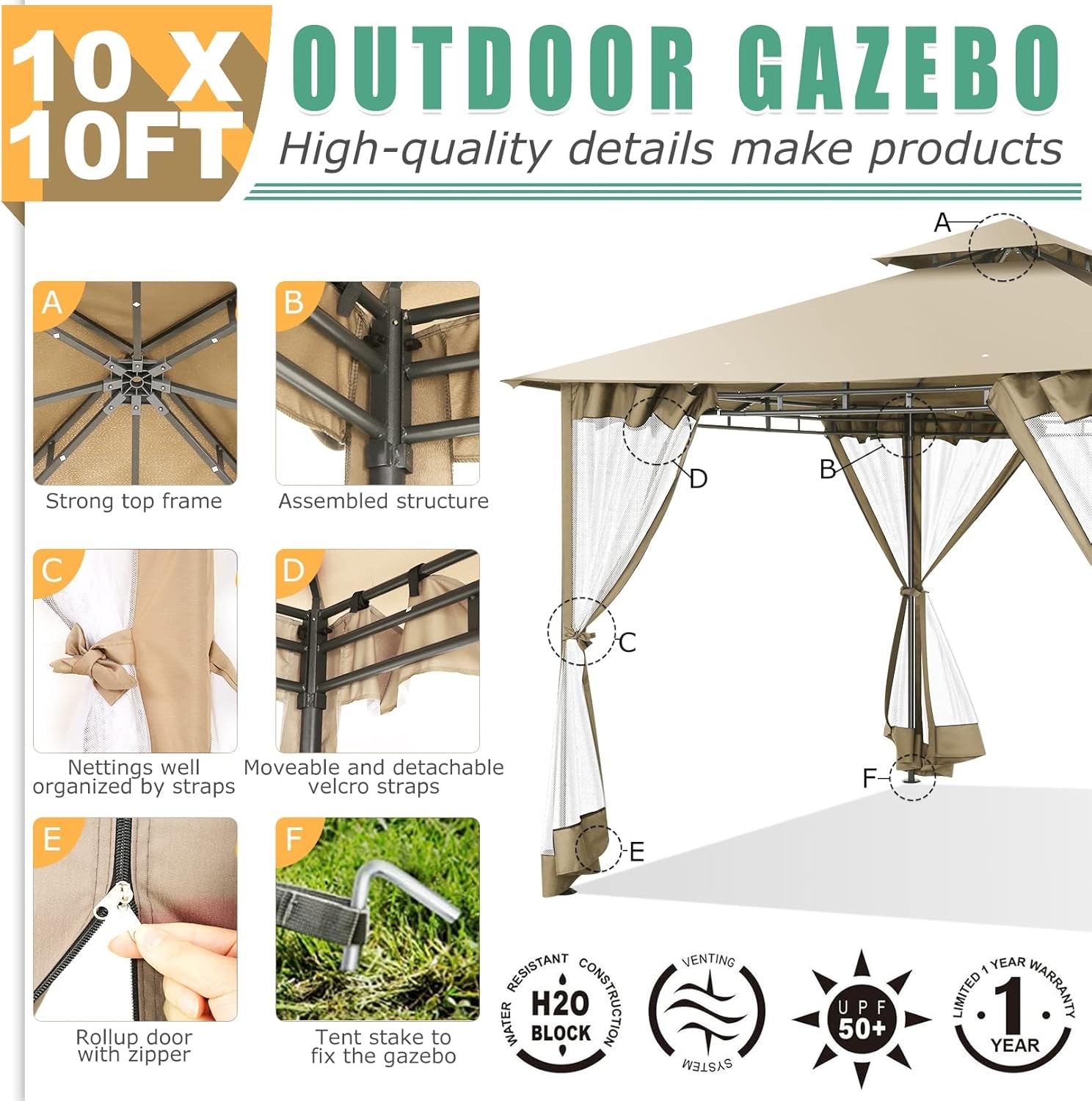 HOTEEL Pavillon 3X3 Wasserdicht Stabil, Gartenpavillon Mit Moskitonetz Und Doppeldach, Einfaches Einrichten Metall Pavillon Stabiler Als EIN Faltpavillon, Uv-Schutz 50+, Khaki