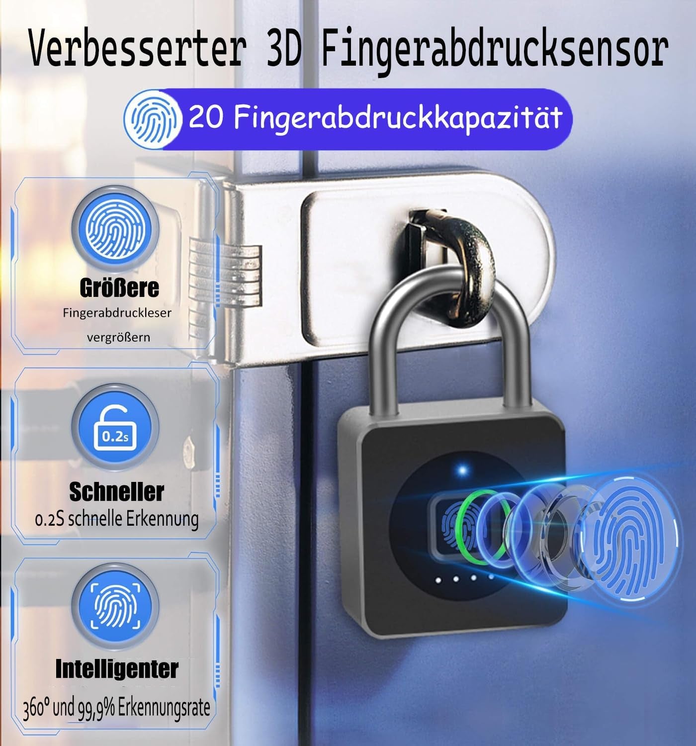 Vorhängeschloss Fingerabdruck, Spindschloss, Schloss Mit Fingerabdruck Und APP, 43MM Vorhängeschloss Wetterfest Mit 6MM Dicker Schäkel Für Gym Spinde Koffer, Keller, Schule - Schwarz