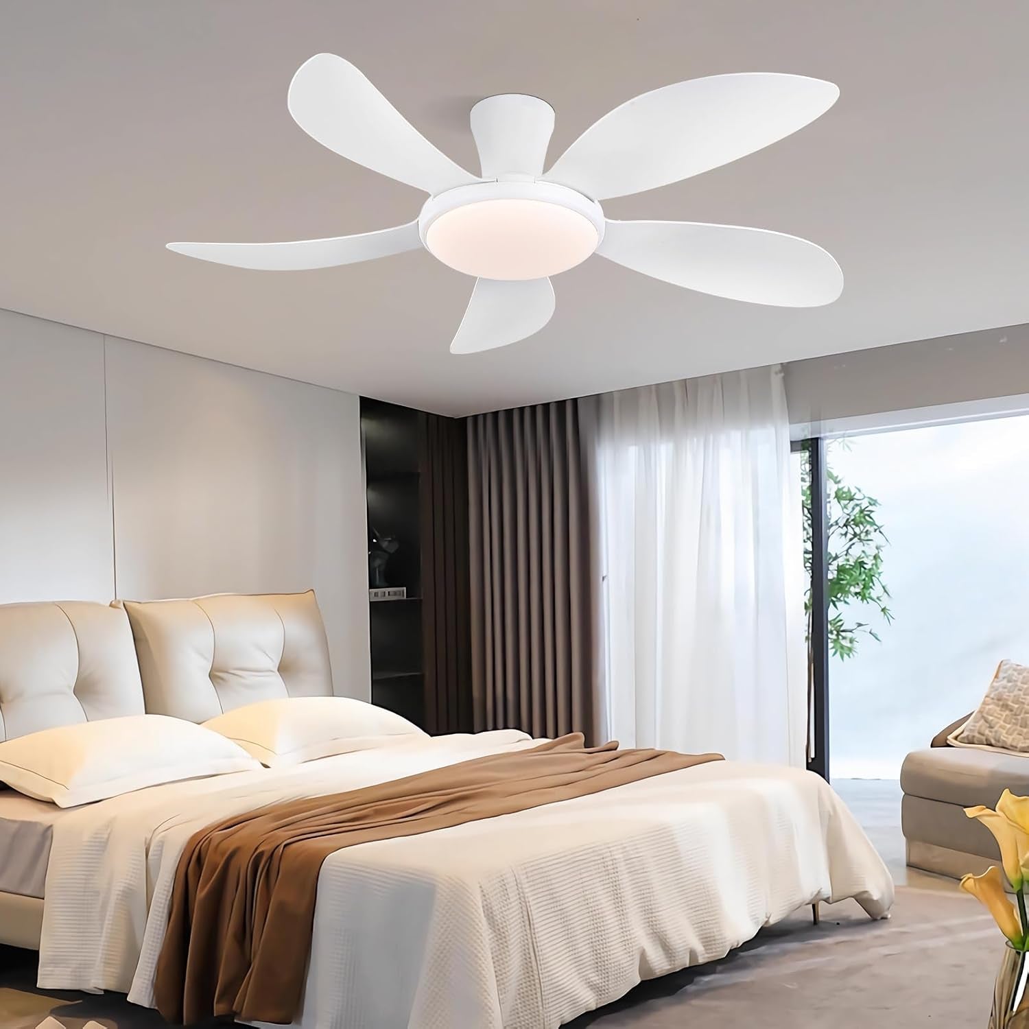 122Cm Flachbau-Deckenventilatoren Mit Licht Und Fernbedienung/App, Ventilator Mit Leisem Reversiblen Dc-Motor, Dimmbare & 6 Geschwindigkeiten, Moderne Deckenlüfter Für Schlafzimmer, Küche