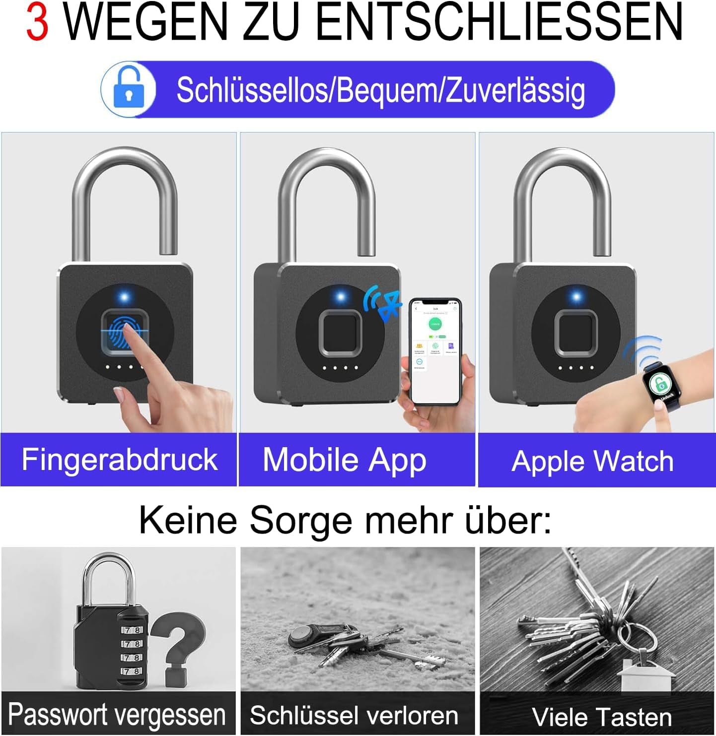 Vorhängeschloss Fingerabdruck, Spindschloss, Schloss Mit Fingerabdruck Und APP, 43MM Vorhängeschloss Wetterfest Mit 6MM Dicker Schäkel Für Gym Spinde Koffer, Keller, Schule - Schwarz