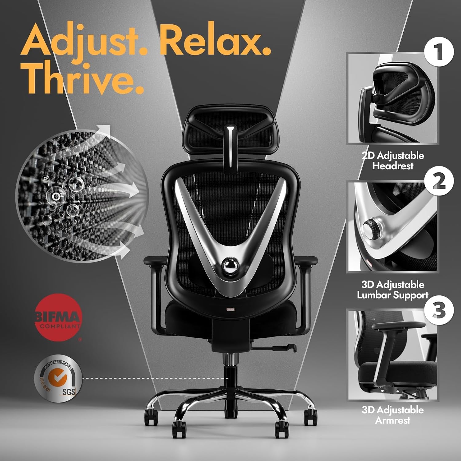 HOLLUDLE Ergonomischer Bürostuhl Mit 3D Lendenstütze & 3D Verstellbaren Armlehnen – V-Förmiges Rücken-Design, Bequemer Schreibtischstuhl Für Büro & Zuhause, Schwarz