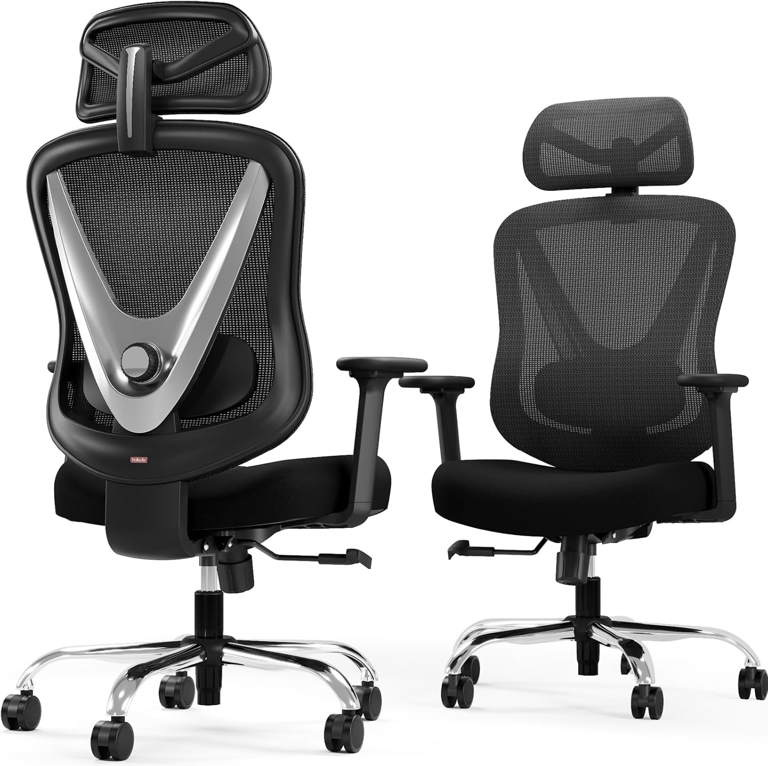 HOLLUDLE Ergonomischer Bürostuhl Mit 3D Lendenstütze & 3D Verstellbaren Armlehnen – V-Förmiges Rücken-Design, Bequemer Schreibtischstuhl Für Büro & Zuhause, Schwarz