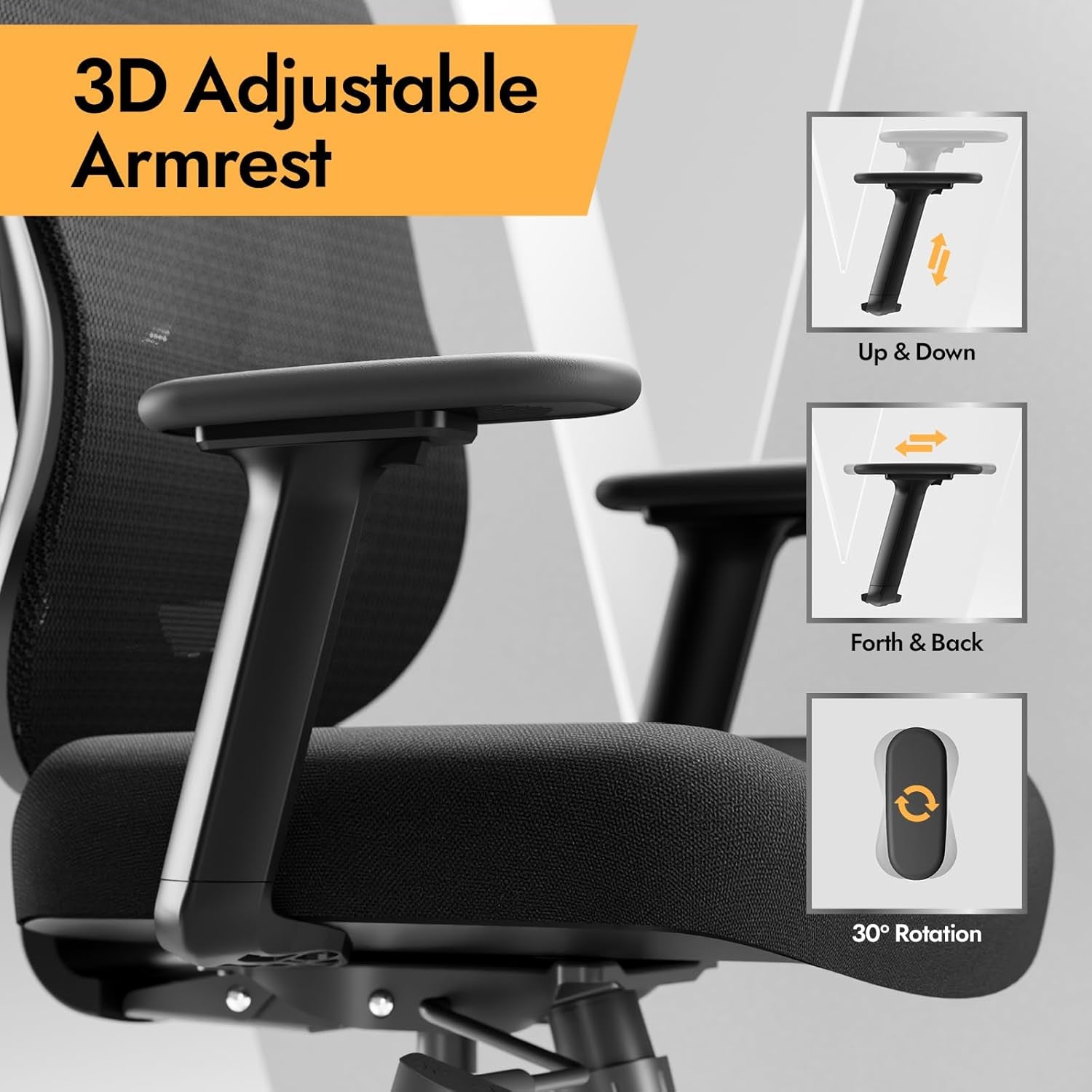 HOLLUDLE Ergonomischer Bürostuhl Mit 3D Lendenstütze & 3D Verstellbaren Armlehnen – V-Förmiges Rücken-Design, Bequemer Schreibtischstuhl Für Büro & Zuhause, Schwarz