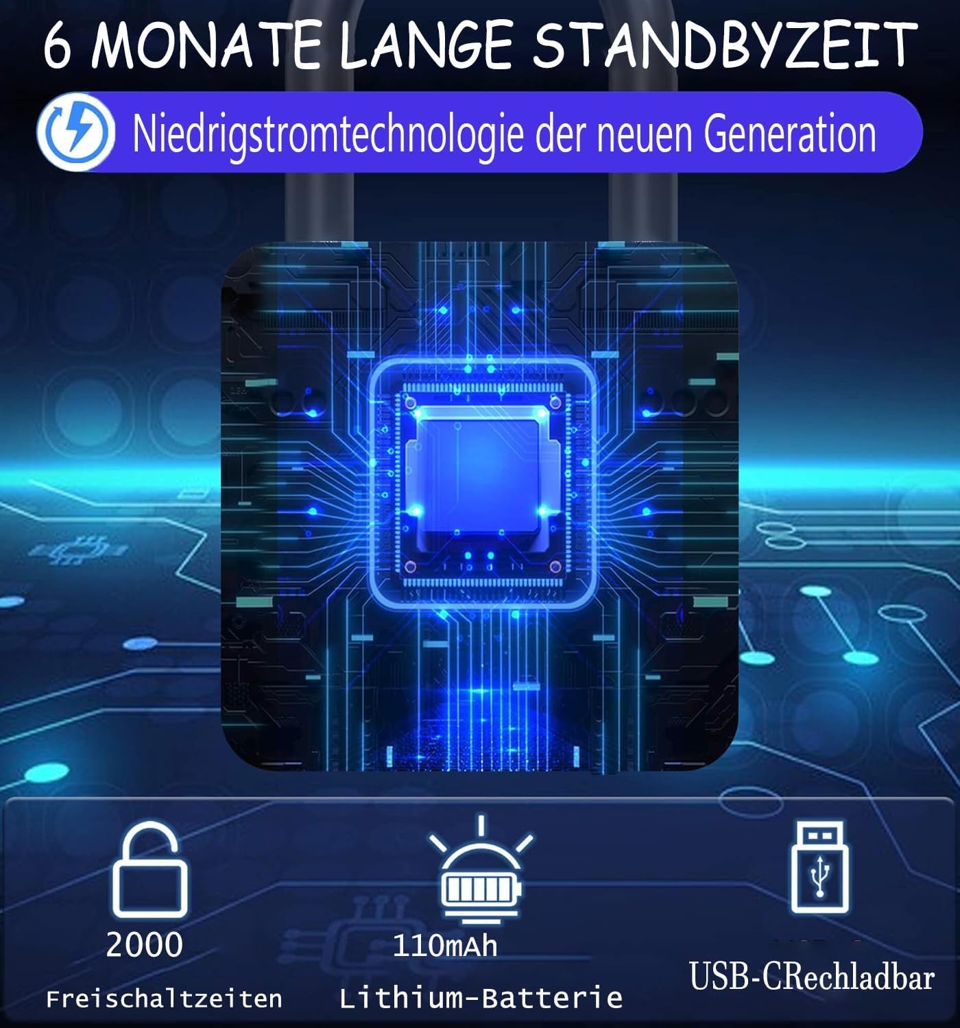 Vorhängeschloss Fingerabdruck, Spindschloss, Schloss Mit Fingerabdruck Und APP, 43MM Vorhängeschloss Wetterfest Mit 6MM Dicker Schäkel Für Gym Spinde Koffer, Keller, Schule - Schwarz