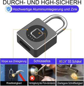 Vorhängeschloss Fingerabdruck,  Spindschloss, Schloss Mit Fingerabdruck Und APP, 43MM Vorhängeschloss Wetterfest Mit 6MM Dicker Schäkel Für Gym Spinde Koffer, Keller, Schule - Schwarz