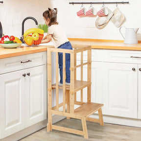 3 Stufen Höhenverstellbar Lernturm Und Tritthocker Für Kinder, a Förmiger Struktur, Sicherheitsgeländer, Für Kinder Im Alter Von 18-36 Monaten, Montessori Küchenhelfer, Bambusholz,Natural