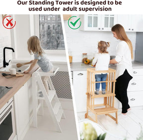 3 Stufen Höhenverstellbar Lernturm Und Tritthocker Für Kinder, a Förmiger Struktur, Sicherheitsgeländer, Für Kinder Im Alter Von 18-36 Monaten, Montessori Küchenhelfer, Bambusholz,Natural