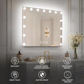 Hansong Hollywood Spiegel Mit Beleuchtung, Dimmbar, Hintergrundbeleuchtung + Frontbeleuchtung, Make up Spiegel Mit Beleuchtung Für Die Wand, Memory-Funktion, Gehärtetes Glas