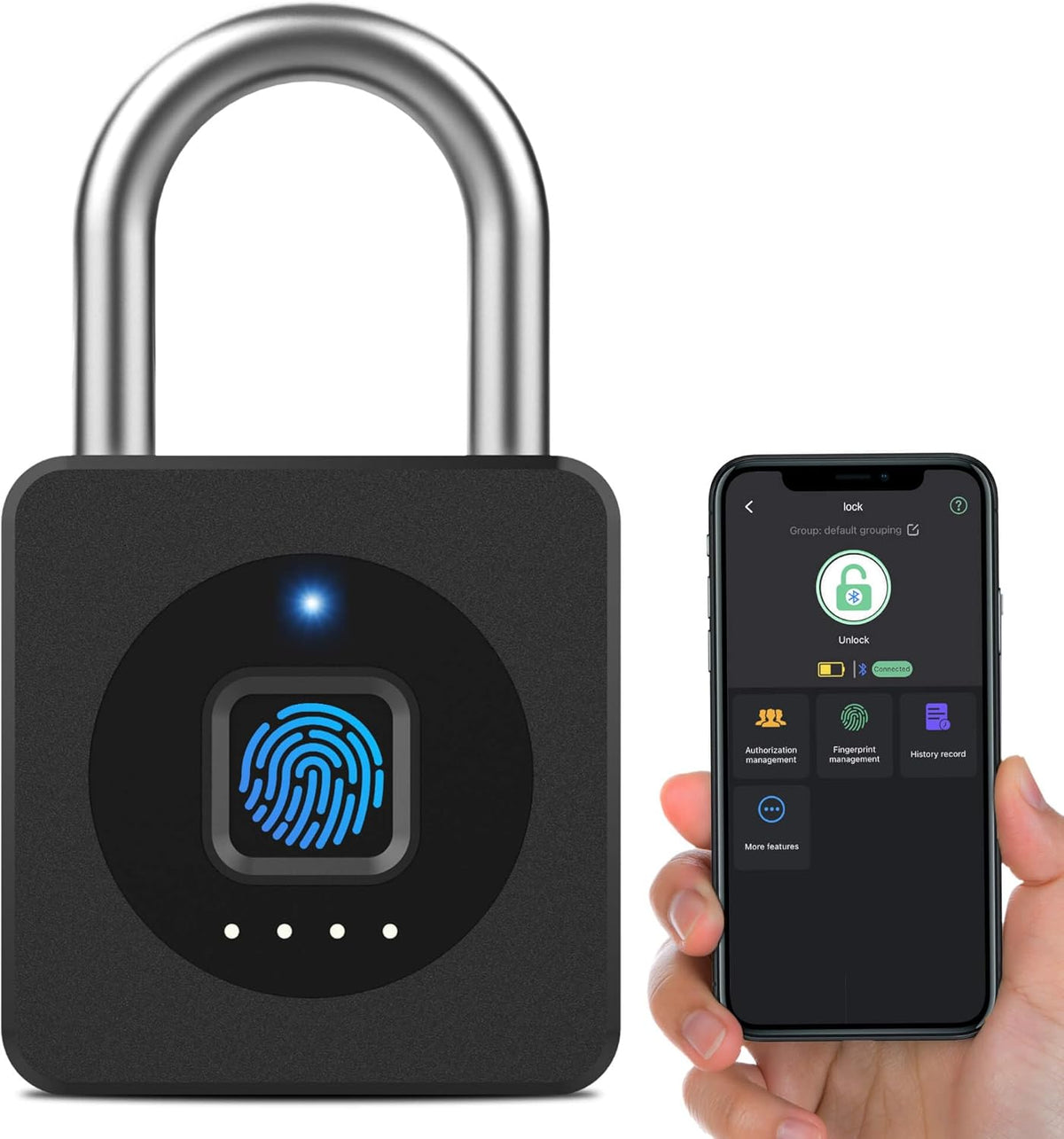 Vorhängeschloss Fingerabdruck,  Spindschloss, Schloss Mit Fingerabdruck Und APP, 43MM Vorhängeschloss Wetterfest Mit 6MM Dicker Schäkel Für Gym Spinde Koffer, Keller, Schule - Schwarz