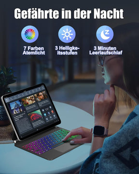 Tastaturhülle Für Ipad Pro 11 Zoll (M4 2024) – DE QWERTZ Tastatur Mit Rgb-Hintergrundbeleuchtung, Funktionstasten & Multi-Touch-Trackpad, Leicht & Langlebig, Schwarz-Grau