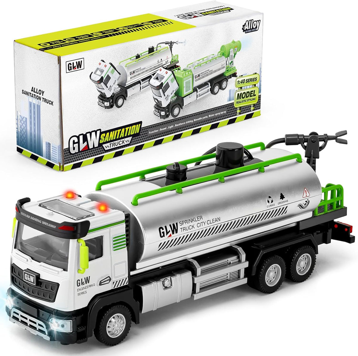 Vamei Legierung LKW Spielzeug, Müllauto Spielzeug Mit Sound & Licht Wasserverschlingung, 1:40 Transporter Lastwagen Auto Lastwagen Spielzeug Geschenk Für Kinder Jungen Mädchen 3 4 5 6 Jahre
