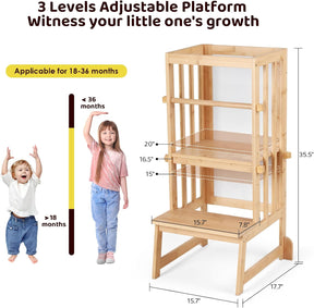 3 Stufen Höhenverstellbar Lernturm Und Tritthocker Für Kinder, a Förmiger Struktur, Sicherheitsgeländer, Für Kinder Im Alter Von 18-36 Monaten, Montessori Küchenhelfer, Bambusholz,Natural