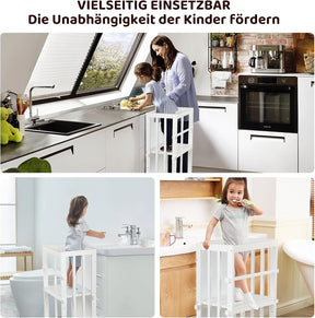 3 Stufen Höhenverstellbar Lernturm Und Tritthocker Für Kinder, a Förmiger Struktur, Sicherheitsgeländer, Für Kinder Im Alter Von 18-36 Monaten, Montessori Küchenhelfer, Bambusholz,Weiß